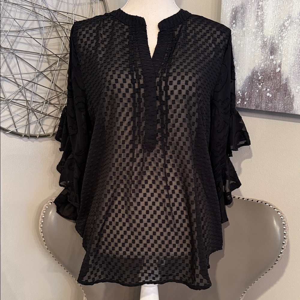 Vince Camuto Black Sheer Check-Texture Women's Top Size Large